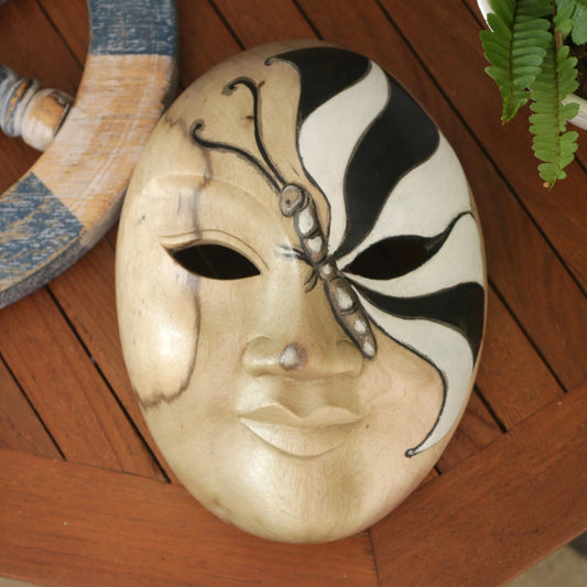 Balinese Hibiscus Wood Mask with Hand-Painted Butterfly - Feminine Butterfly