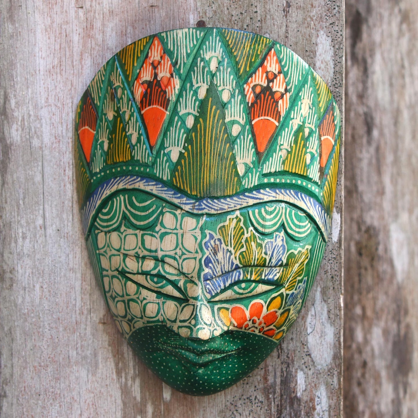 Batik Wood Mask in Green and Multicolor - Cheery Princes
