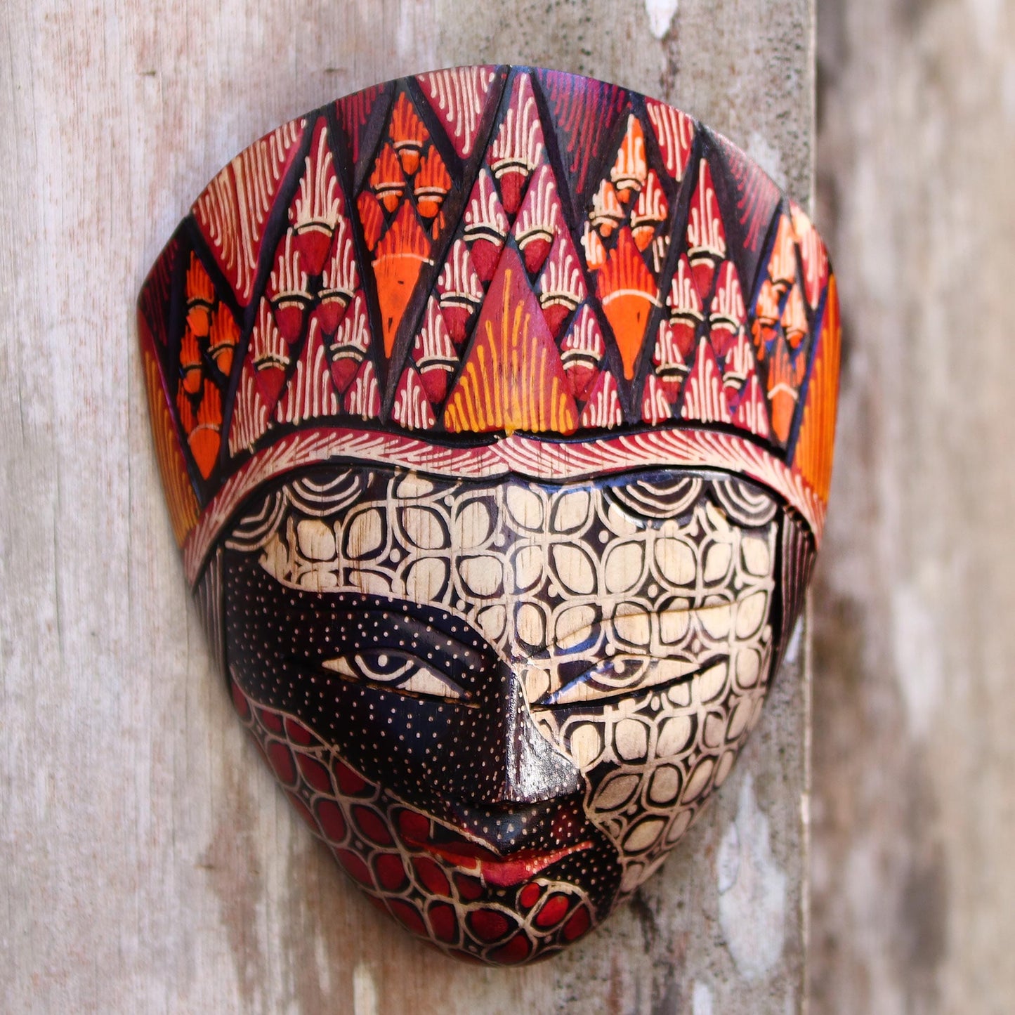 Batik Wood Mask in Red and Orange - Wise Princess